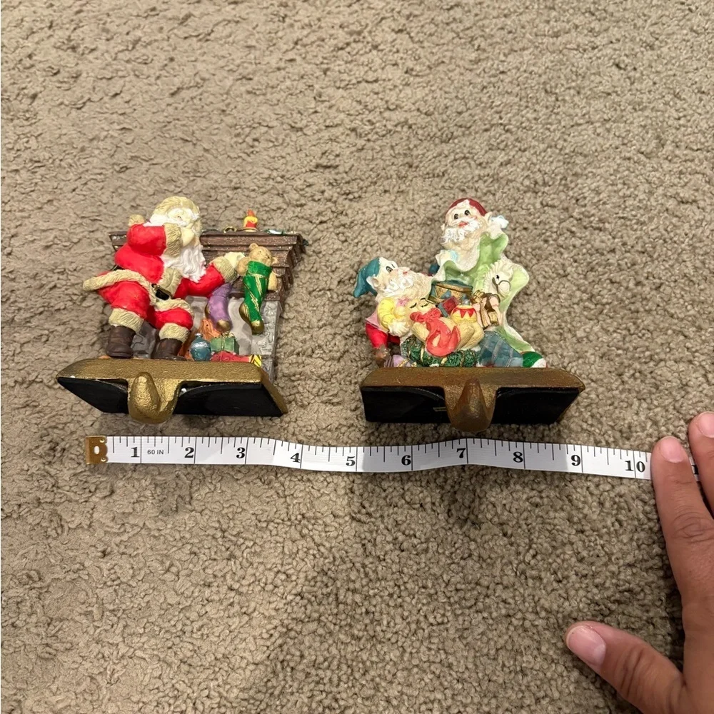 Set of 2 Vintage Heavy Cast Iron Christmas Stocking Mantel Hook Holders Santa
